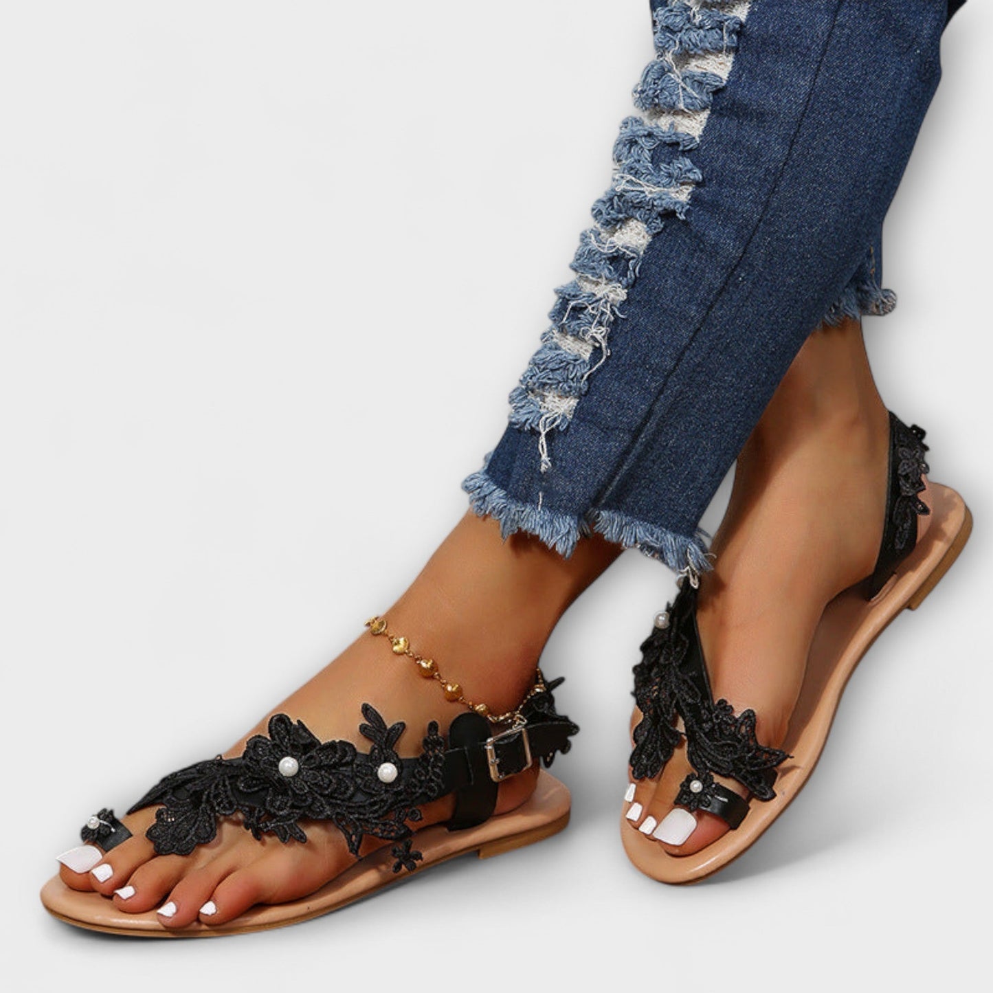 Boho - Behagelige sandaler med blomsterdesign og ankelrem