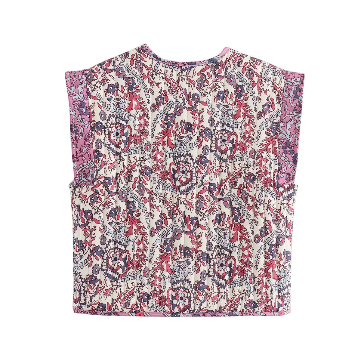 Freja | Blomsterprintet quiltet vest med åben front – ideel til et afslappet, retro look.