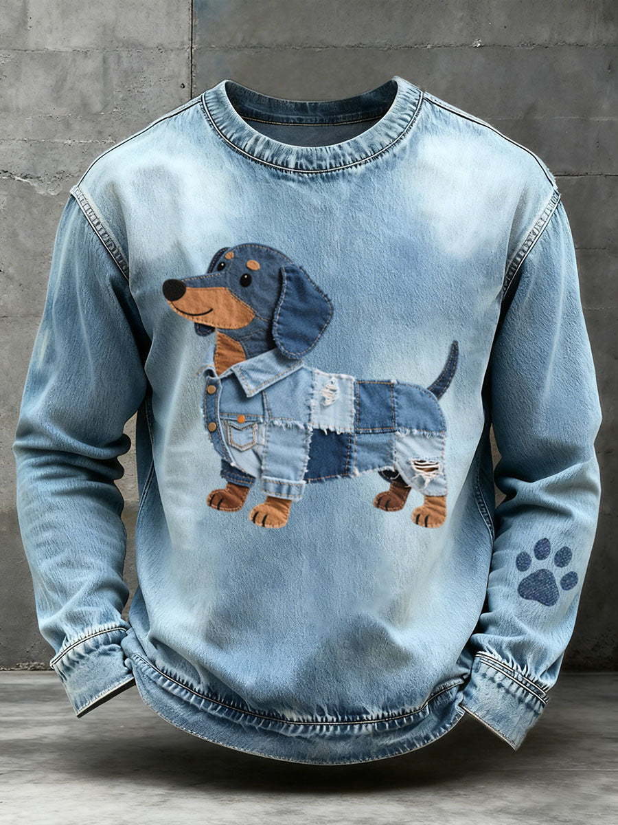 Herre Sweatshirt med Patchwork Art af Dachshund i Denim