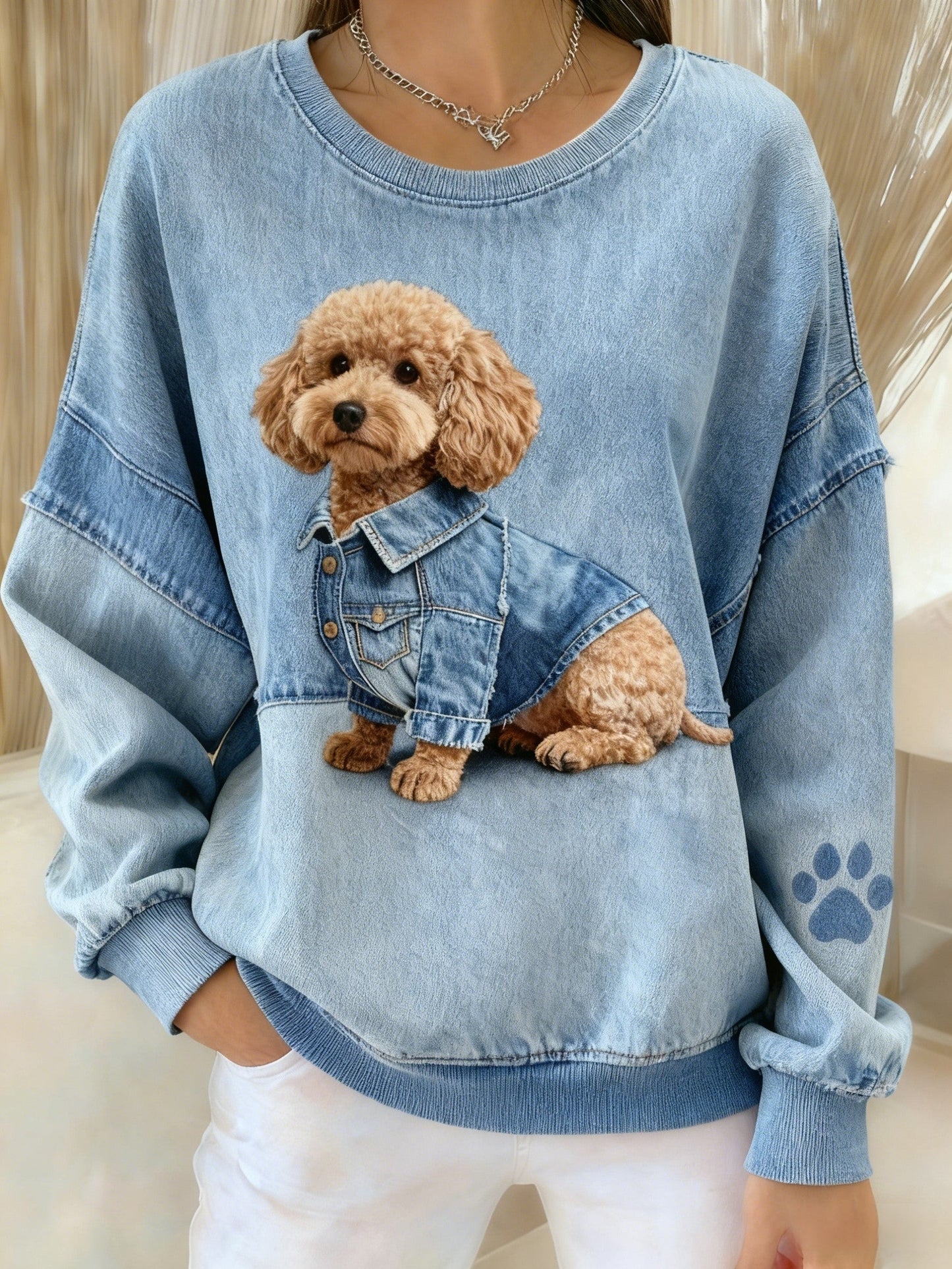 Retro Charmerende Hund Sweatshirt i Patchwork Materiale med Print og Lange Ærmer
