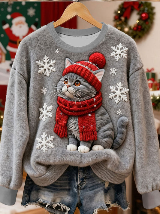 Elegant Jule Sweater til Damer med Cat Art Print - Casual Flannel