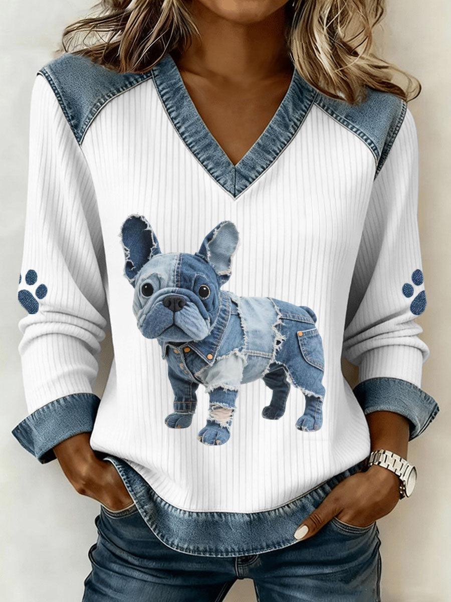 Fransk Bulldog Mønster Patchwork Top med V-hals - Kunstnerisk Design