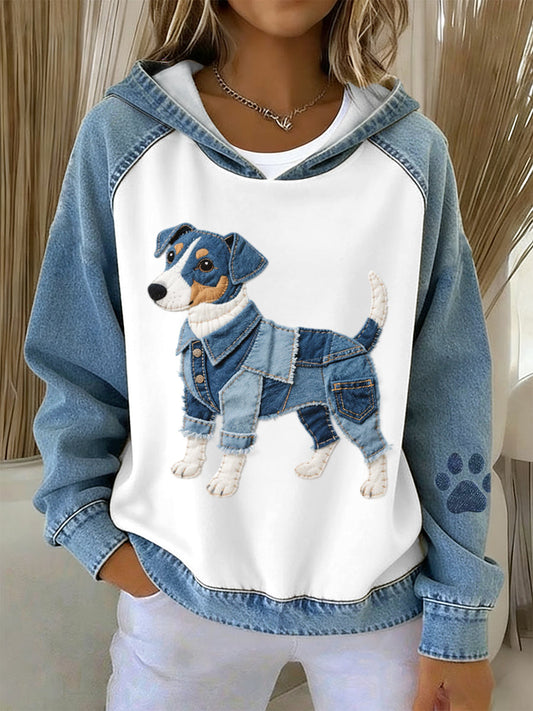 Damehoodie med patchworkdesign af Jack Russell Terrier og hundemønster